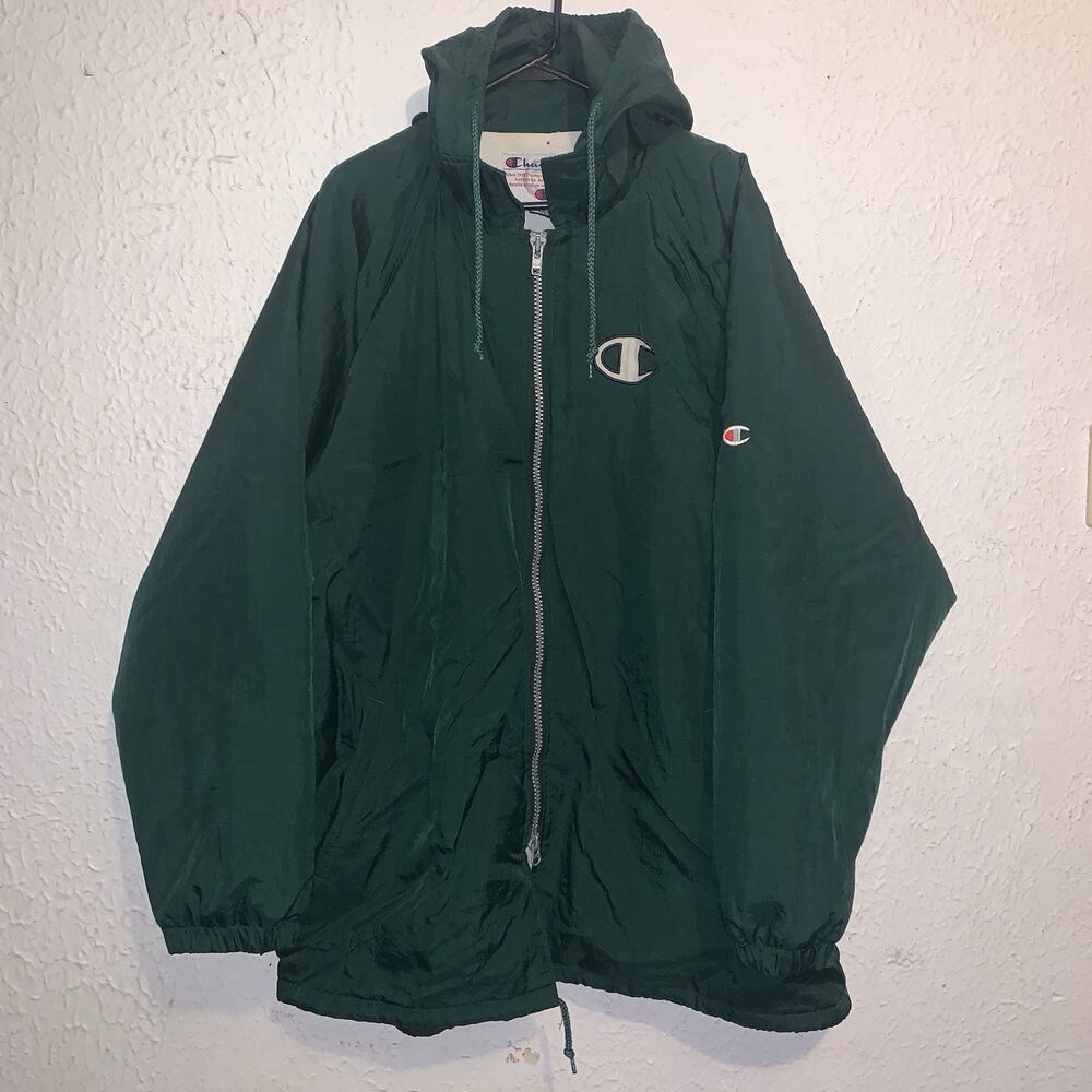 Vintage 90s Champion Long Coat Green Embroidered Oversized Hooded Jacket XL